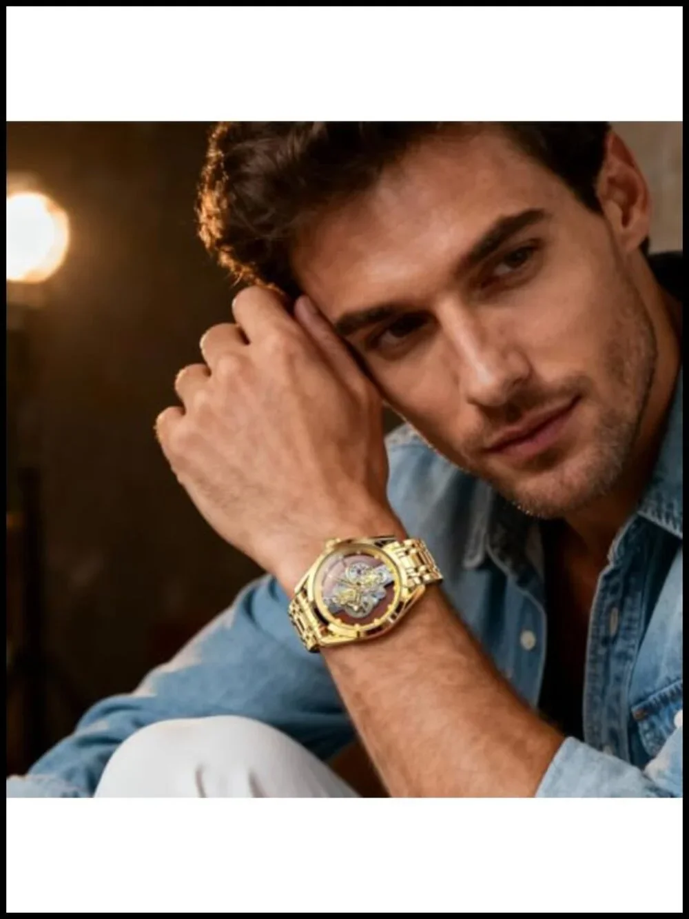 Men's Skeleton Quartz Analog Watch Stainless Steel Waterproof Luminous